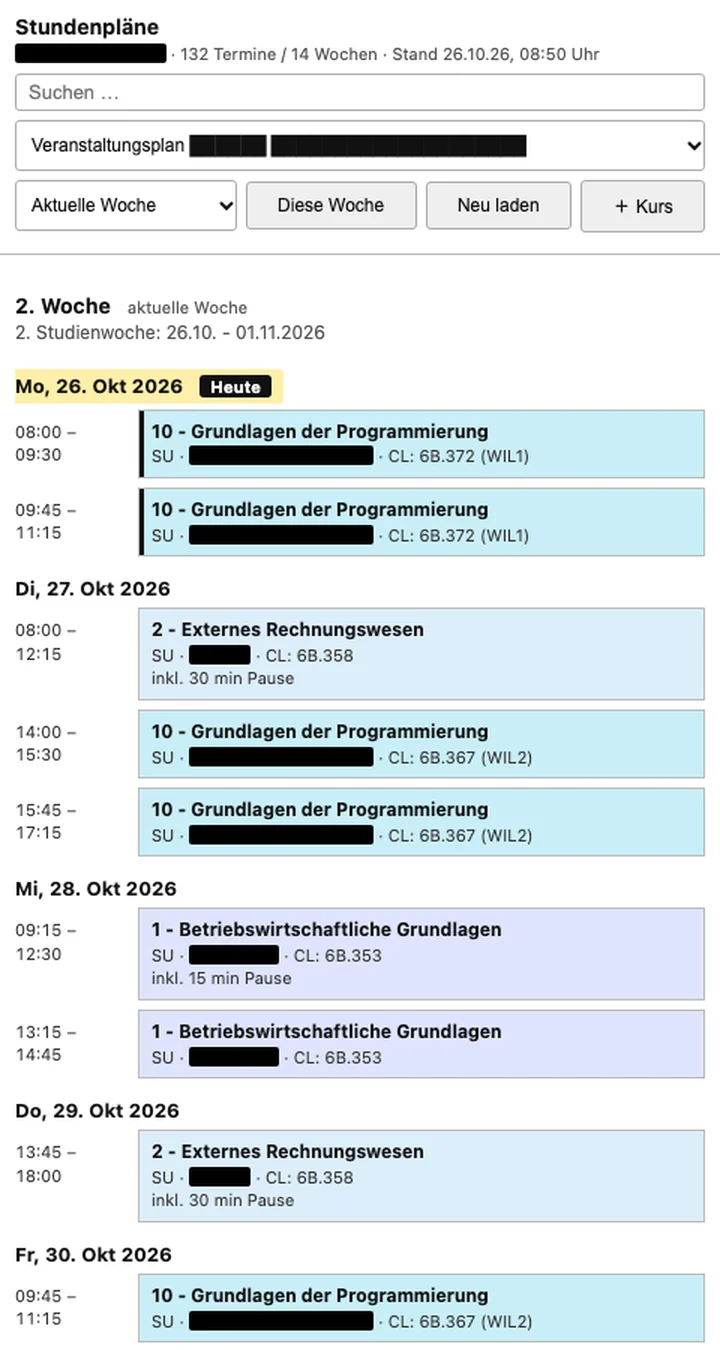 mobile day agenda of the hwr timetable